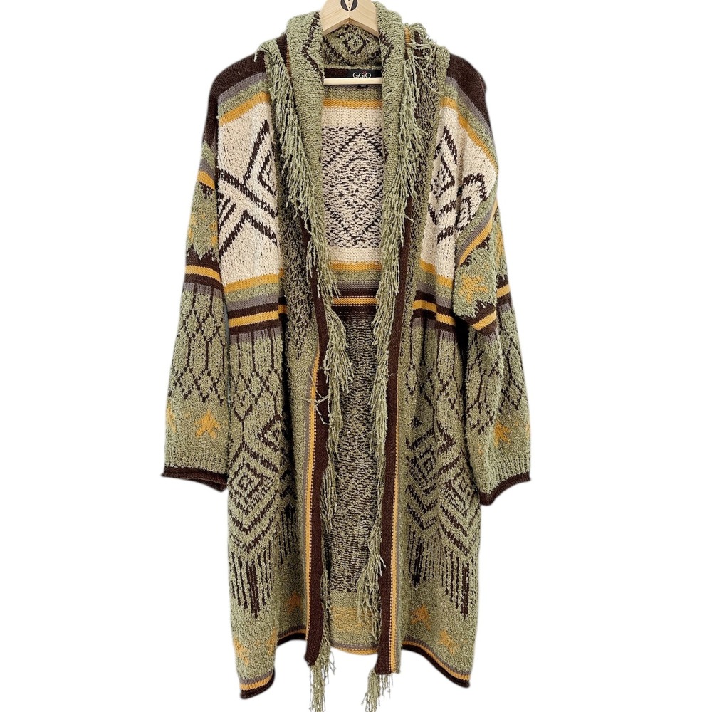 Boho Fringe Open-Front Cardigan Sweater - Olive & Brown